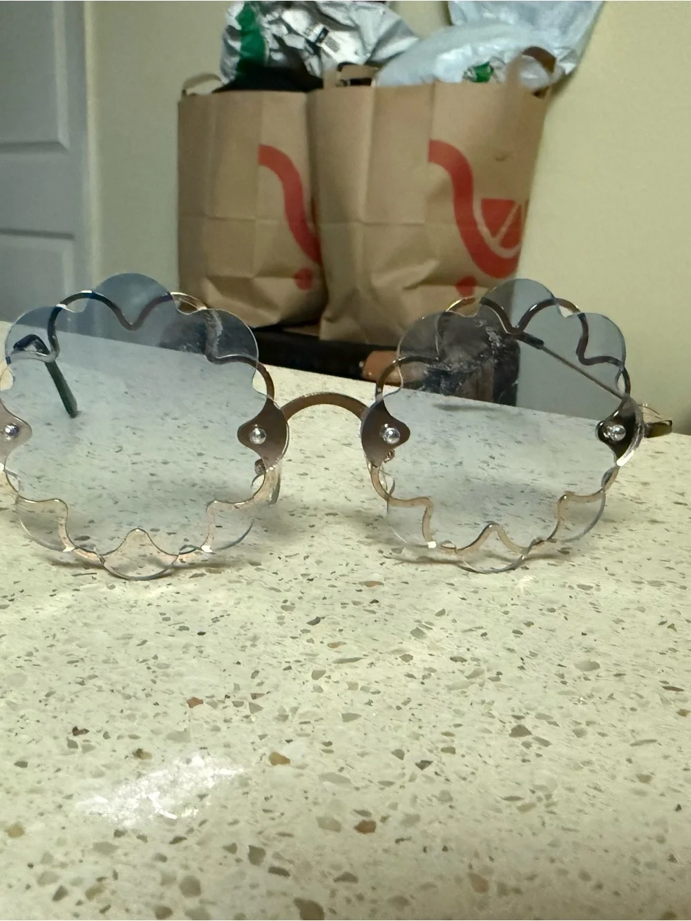 Fashion Nova Scalloped Round Sunglasses - Gold Frame with Light Blue Lenses